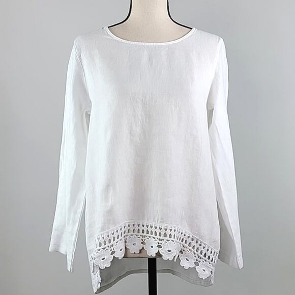 Terzo Millennio Women's White Linen Blouse with Crocheted Knit Trim Small - Picture 1 of 16